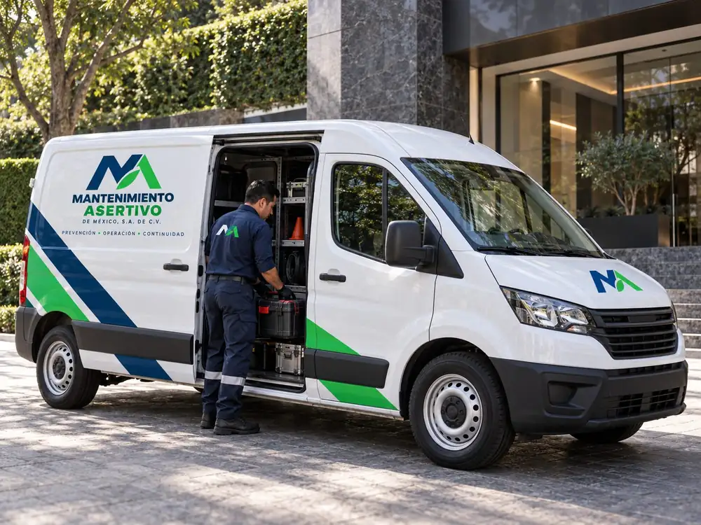 Camioneta rotulada de Mantenimiento Asertivo frente a un edificio corporativo